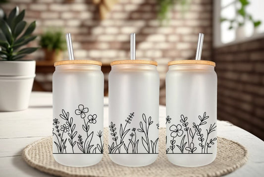 Flower Ice Coffee Cup, Flower Frosted Beer Can Glass with Bamboo Lid and Straw, 16oz Frosted Glass Tumbler, Gift for Teen, Gift for Her