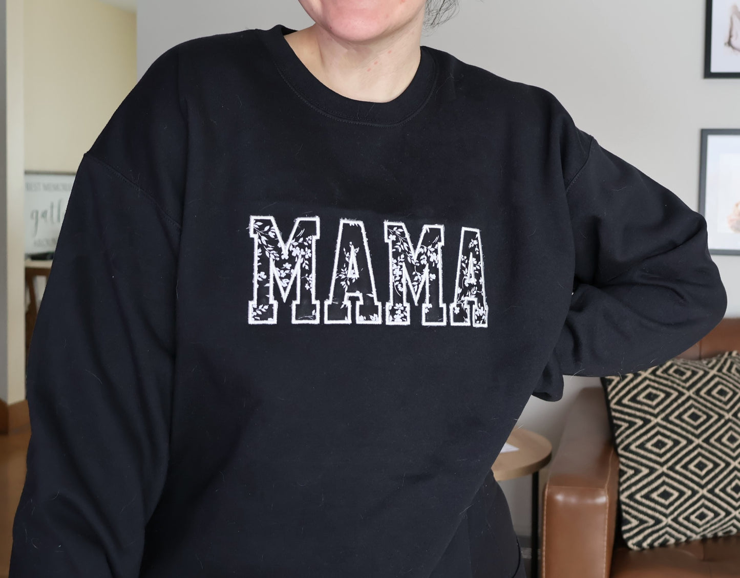 Black MAMA Embroidered Applique Crewneck