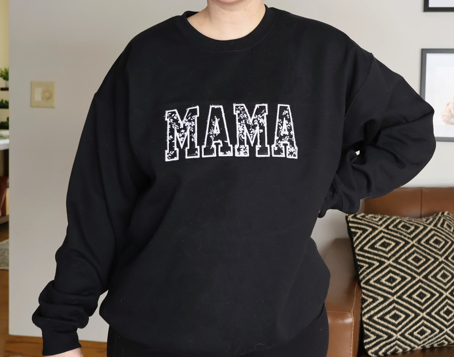 Black MAMA Embroidered Applique Crewneck