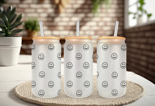 Smiley Face Glass Ice Coffee Cup, Beer Can Glass, Libbey Glass with Bamboo Lid and Straw, Frosted Glass Tumbler