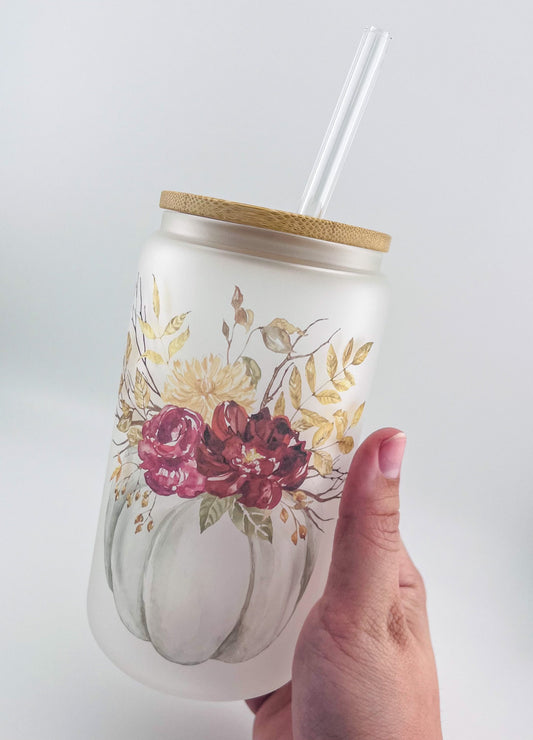 16oz Fall Glass Can with Bamboo Lid and Straw