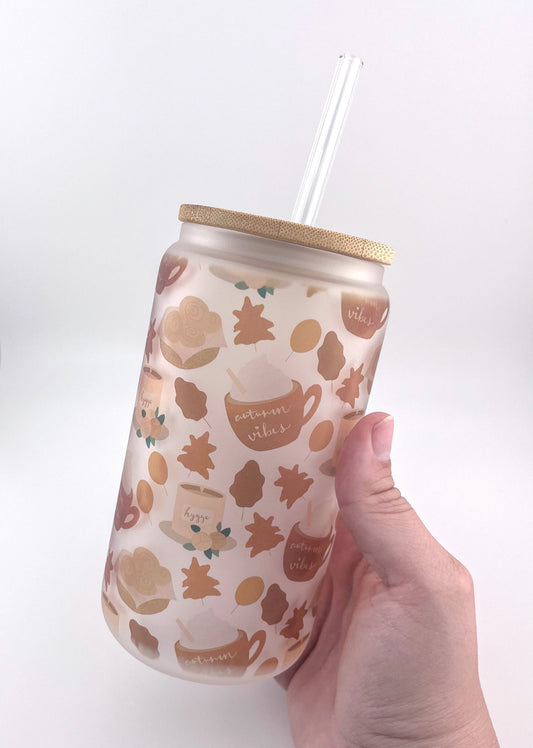 16oz Fall Glass Can Ice Coffee Cup with Bamboo Lid and Straw