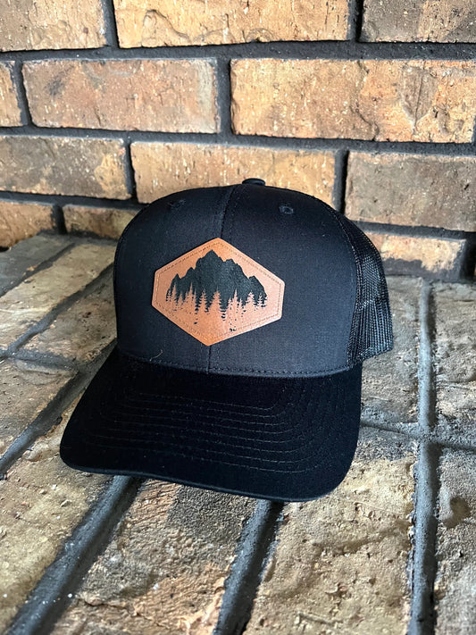 Trucker Hat with Engraved Leather Patch - Mountains